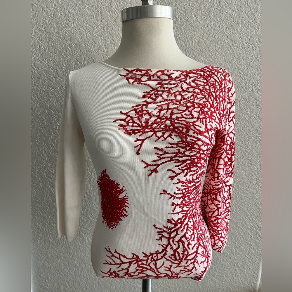Cyrus White Knit Top with Red Coral Embroidery